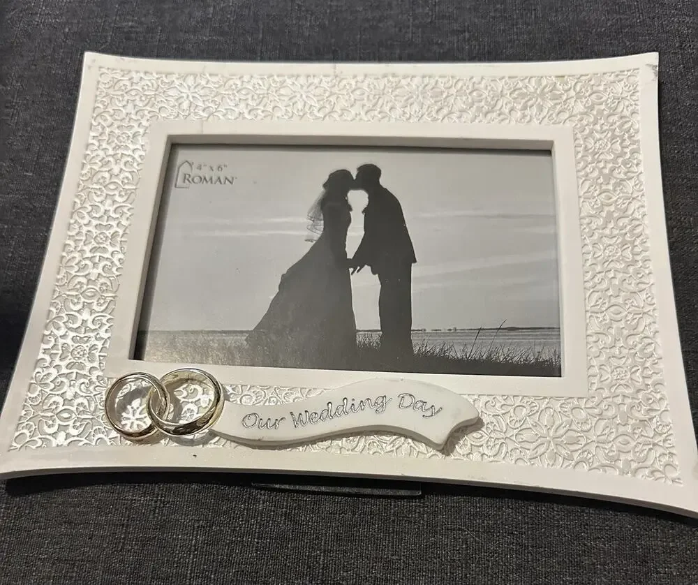 Roman Our Wedding Day Photo Frame 4x6 White Lace Wedding Rings #14941